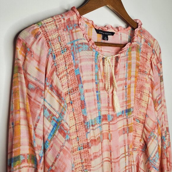 Zac & Rachel Womens Pink Plaid Blouse Size XL Smocked Tie Ruffled Neck Peasant - Picture 2 of 10